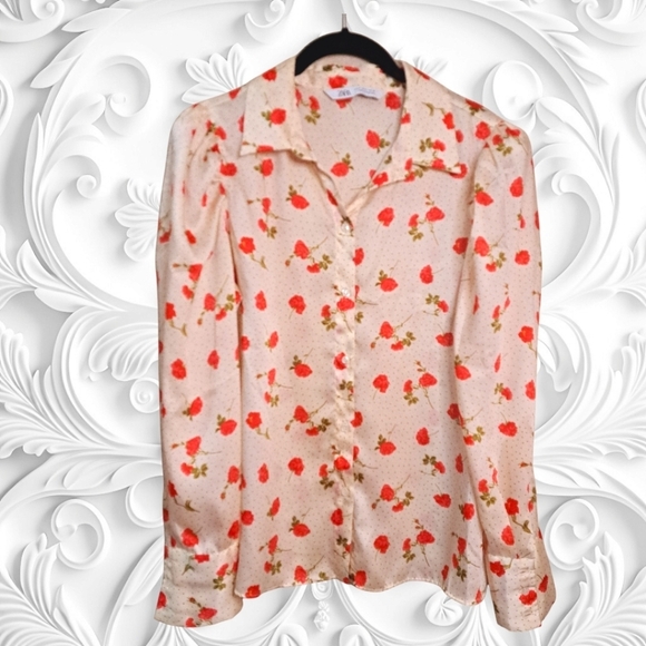 Zara Cream Colored Satin Collared Button Down With Dots And Red Roses Size M - Picture 3 of 5